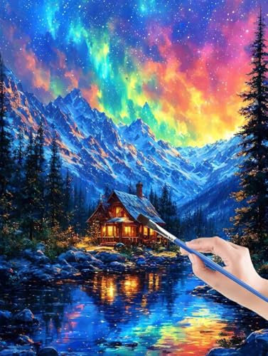 Snow Mountain Malen Nach Zahlen Kinder, Paint By Numbers HüTte, DIY Malen Nach Zahlen Erwachsene Handgemalt Ölgemälde Leinwand für Home Decor, für Im Alter Von 5–6–7–9–10 Jahren 40 x 50 cm CI-9