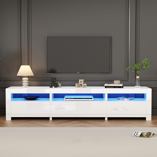 Jaxenor 195cm Hochglanz TV Lowboard mit LED Beleuchtung, Stauraum und Klapptür, Fernsehschrank für 80 Zoll Fernseher, Wohnzimmer (Weiß)