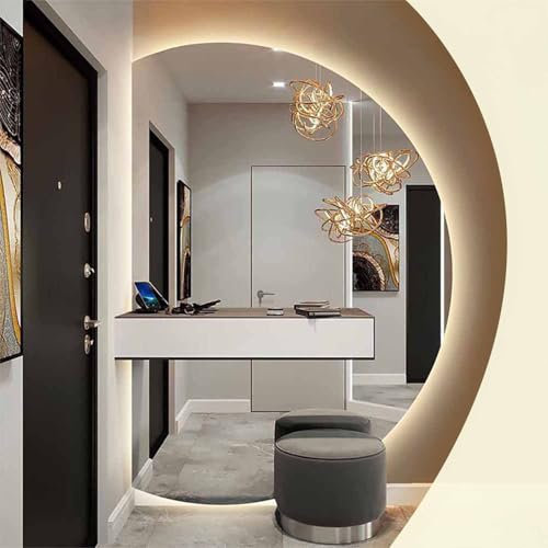 Decmiroor Semicircolare Specchio da Bagno da Parete con LED Luce Dimmerabile, Mezza Luna Grand Specchio a Figura Intera, Antiappannamento, Retroilluminato, 120/130cm(Right,51x35)