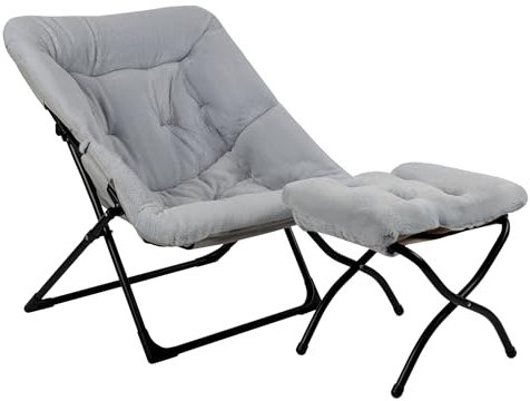 Mordchil HF Comfy Saucer Chair for Adults, Soft Faux Fur Bedroom Chair with Ottoman, Accent Dorm Chairs, Living Room Reading Chairs and Footstool, Folding Seat for Teens, X-Large, Grey