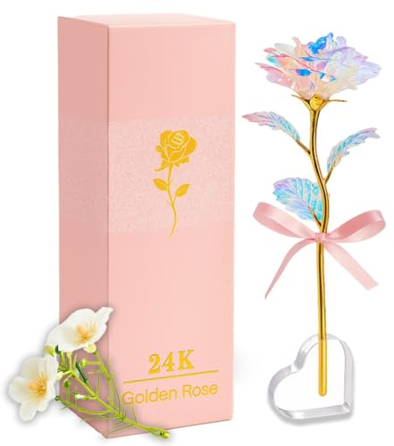 Galaxy Colourful Rose Gift in Pink Box with Bag – Enchanted Rainbow Rose with Heart Base, Birthday, Anniversary or Mother’s Day Present for Mum, Wife, Grandma, Girlfriend, Sister