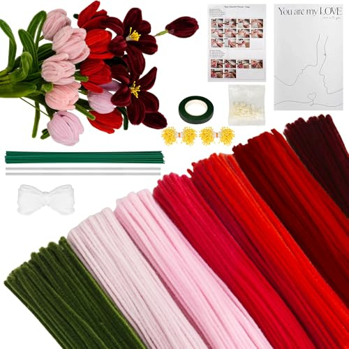 Vincona 420 stycken piprensare blomset, piprengörare blommor för pyssel (7 färger) innehåller 20 blomstjälkar, band, dammaskor och bukettförpackning för bukett gör-det-själv stor röd