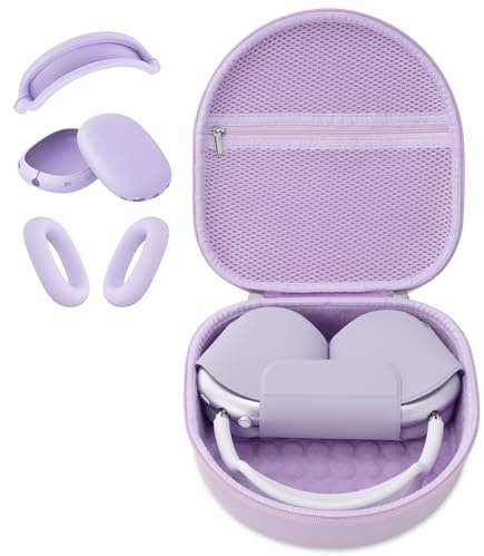 Case for Apple Airpods Max 2/ Airpods Max Headphones, Travel Portable Headphone Hard Case Cover Bag, Mesh Pouch with Zipper for Charger and Accessories (Purple case & cover)