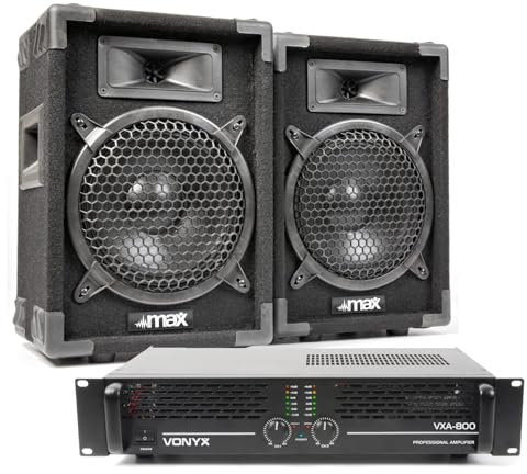 MAX Series 8 Passive PA Speaker Kit with Power Amplifier, Complete 800W DJ Sound System Bundle for Parties, Events, Karaoke, Includes Amplifier and 6m Speaker Cables