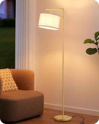 EDISHINE Stehlampe Wohnzimmer, 2700K LED inkl., Leinenschirm, Gold | Bogenlampe mit verstellbarem Lampenschirm, E27-Fassung, Fußschalter, für Schlafzimmer, Kinderzimmer, Büro, 160 cm