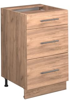 Vicco Küchenunterschrank Fame-Line, Goldkraft Eiche, 50 cm | 3 Schubladen · Ohne Arbeitsplatte · Höhenverstellbare Füße · Metallgriffe · Metall-Vollauszüge