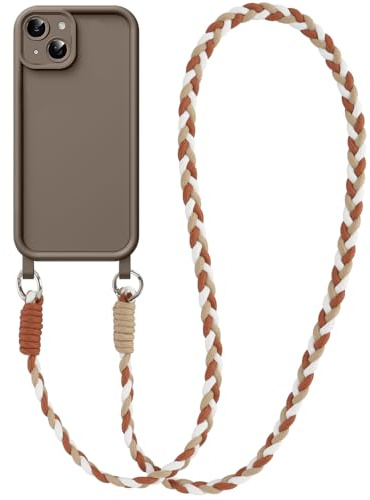 Coiwxmoi Handyband für iPhone 15 6,1 Hülle mit Band, Necklace Handyhülle mit Abnehmbar Kordel Kette zum Umhängen Weich Silikon Stoßfeste Kameraschutz Schutzhülle Case für iPhone 15, Braun