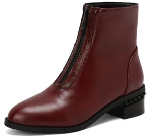 FQMAYPO Women's Front Zipper Ankle Boots Studded Low Chunky Block Heels Round Toe Multiple Patterns Slip On Fit Dressy Party Evening Shoes,Wine Red,6 UK