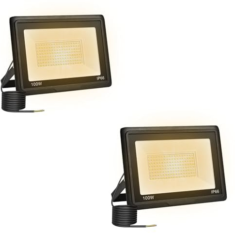 Outdoor LED Spotlight 100W, 10000LM 3000K Floodlight for Garden Garage, 2PCS | Warm White LED Floodlight, Security Lighting, 120° Beam, IP66 Waterproof Floodlights for Terrace, Workshop, Hallway