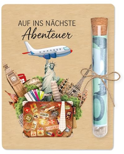 Geldgeschenk Reise, Originelle Geburtstag Geldgeschenk Holz 10 x 13cm, Flugzeug Urlaub Geschenk Verpackung mit Reagenzglas, Flitterwochen Geld Geschenk Holz Deko für Freunde Familie Frauen Männer