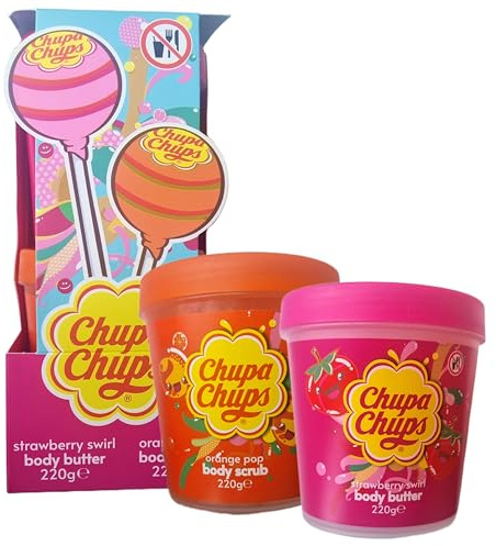 Chupa Chups Strawberry Swirl Body Butter & Orange Pop Body Scrub Set, Candy-Themed Bath Gift