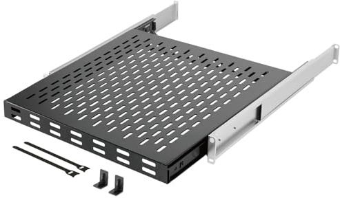 Tecmojo 1HE Schieberegal, 19 Zoll 550mm mit ausziehbarem Fachboden, Zum Festeinbau, Variabele Tiefe 550-900 mm, mit Antirutschstopper, 50 kg Traglast für 19-Zoll-AV-/Netzwerkschränke,Schwarz