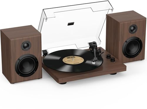 RetroAudio Vinyl Record Player with 24W Bookshelf Speakers, HiFi System Turntable for Viny Records, Vintage Vinyl Player with Magnetic Cartridge, BT in&Out, RCA Out, Auto Stop, 33/45RPM (Brown)
