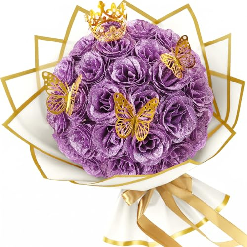 LARDUX 24 Stück Glitzer-Rosenstrauß, Glitzer Rosen Bouquet, künstliche Rosensträuße, DIY künstliche Glitzer-Blumensträuße mit Krone für Valentinstag, Hochzeit, Verlobung, Geburtstag (Light Purple)