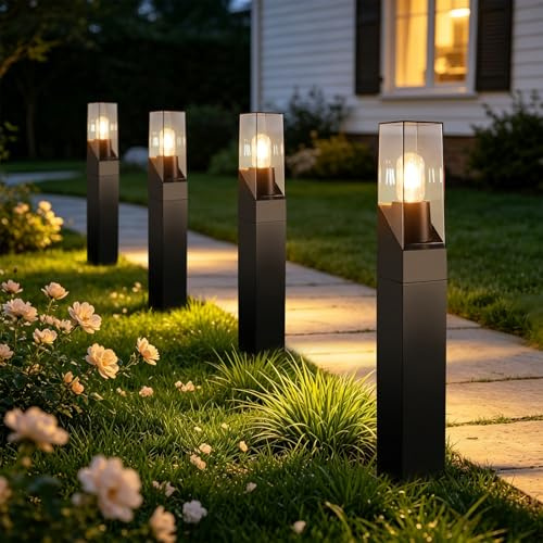 Glitzerlife Außen Gartenleuchte LED Pollerleuchte - 4ER Wegeleuchte E27 IP65 Wetterfest 60cm Schwarz Außenlampe Stehend Gartenbeleuchtung Wegelicht Wegelampe Outdoor für Garten Rasen Hof Weg MAX.40W
