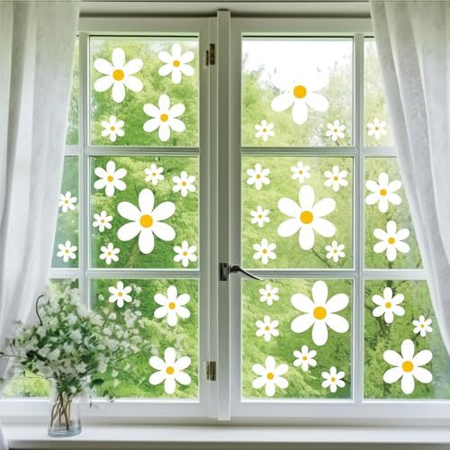 AIENYOU Frühling Gänseblümchen Fenstersticker, 6 Stück (72 pcs) | Statisch Haftend, Weiße Blumen, Wiederverwendbar, Doppelseitig, Ohne Kleber