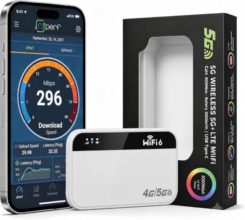 Routeur 5G Portable WiFi 6 avec Slot SIM Déverrouillé – Modem 5G Carte SIM,–Batterie 3000mAh, Wi-FI Partage 28 Appareils, Sécurité WPA3, Nano SIM Tous Opérateurs – Mini Box Internet Nomade