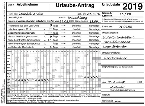 Formular Urlaubsantrag 2018 für die betriebliche Urlaubsplanung, DIN A5, 3-fach, VE 1 Block