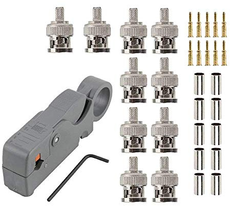 OxoxO Rotary cable coaxial pelacables herramienta cortador para RG6 RG58 RG59 RG62 con 10 unids macho BNC conector engarzado kits para RG58 RG400 LMR195 coaxial macho