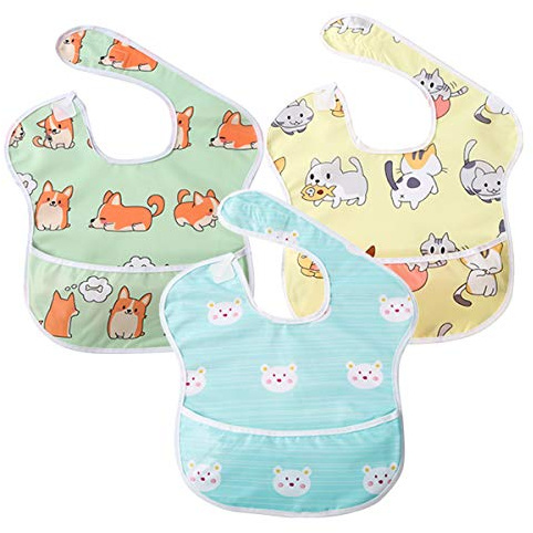 Little Dimsum Baby Lätzchen 3er Set,Wasserdichte Babylätzchen mit Ärmeln & Auffangtasche, Verstellbarer Klettverschluss, Für Babys 6-36 Monate (Maschinenwaschbar)