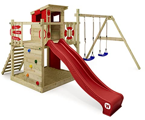 WICKEY Spielturm Klettergerüst Smart Camp mit Schaukel & roter Rutsche, Outdoor Kinder Kletterturm mit Sandkasten, Leiter & Spiel-Zubehör für den Garten