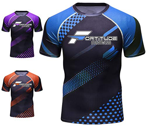 Fortitude MMA Rashguard | No Gi BJJ Rash Guard para Artes Marciales Mixtas y de Lucha de sumisión | Camiseta de compresión Base Capa Manga Corta (Blue, Medium)