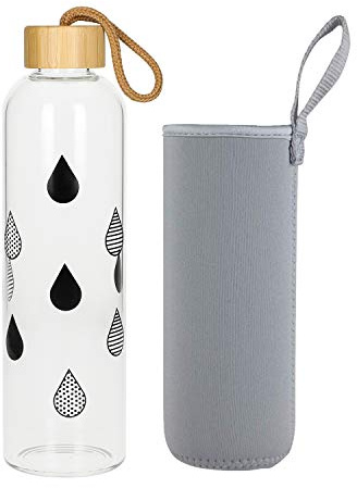 Glasflasche 1 Liter Bamboo Trinkflasche Borosilikatglas mit Neoprentasche zum Mitnehmen von kalt & heiß Getränken BPA-frei für unterwegs Sportflasche Glas Wasserflasche (Drops)