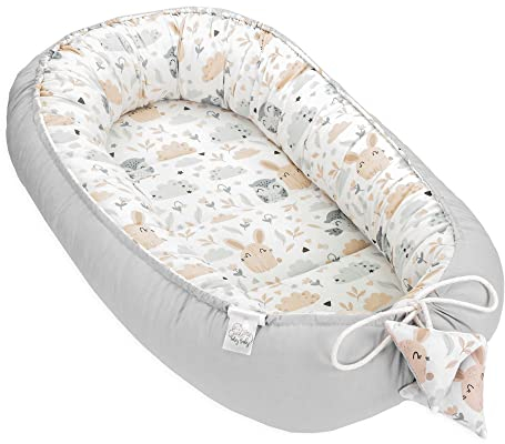 Babynest babynestchen neugeborene mit tragegriff 90 x 50 cm baby nestchen tragbar nest für bett kinder kuschelnest coccon für Jungen und Mädchen Eulen Hellgrau