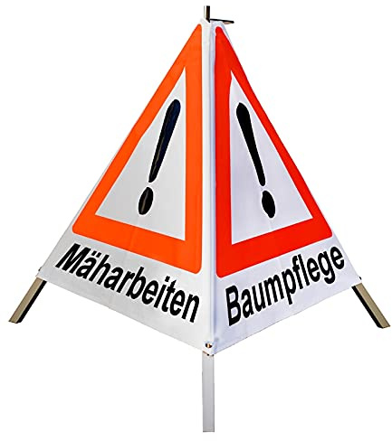 Warnpyramide/Faltsignal - Mäharbeiten/Baumpflege/Maschineneinsatz - VZ101-Ausrufezeichen (1 - tagesleuchtend weiß, 70 cm leicht mit Mittelfuß)