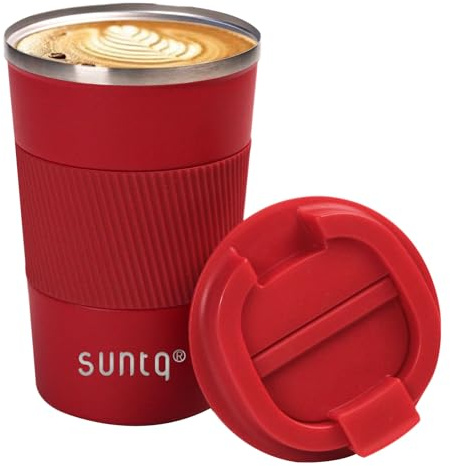 SUNTQ Reusable Coffee Cups Travel - Coffee Travel Mug with Leakproof Lid - Thermal Mug Insulated Cup - Stainless Steel Travel Cup with Rubber Grip - for Hot and Cold Drinks, 13oz/380ml Red