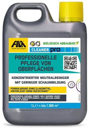 FILA Surface Care Solutions, CLEANER PRO, Professionelles Neutrales Fliesenreiniger Intensiv, All Purpose Cleaner, Reiniger für PVC Bodenbelag, Parkett, Vinylboden, etc. Bis zu 40 Wäschen, 1L
