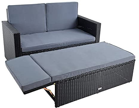 ESTEXO Polyrattan Sitzgruppe Essgruppe Gartenmöbel Set Gartensofa Rattan Sofa mit Hocker ausklappbar Sofa-Set Rattan-Couch Sitzgruppe Lounge Set Ottomane (Schwarz)