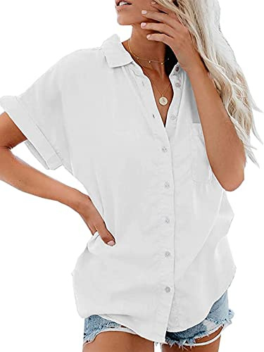 Xnova Damblus, kortärmad, knapptoppar, skjorta, elegant, avslappnad skjorta, omvänd krage, affärsblus, stretch, enfärgade blusar, V-ringad topp, höst, vår, sommar, Vit, M