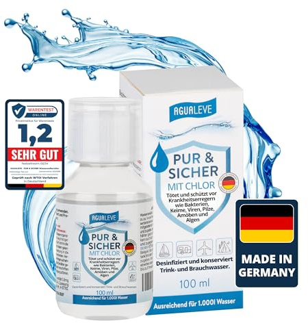 AGUALEVE PUR & SICHER **ohne** Chlor Wasseraufbereiter Trinkwasser – Inaktiviert Keime, Bakterien, etc. | Notvorrat, Notfall, Wohnmobil, Wohnwagen, Camping, Outdoor, Survival, Reisen