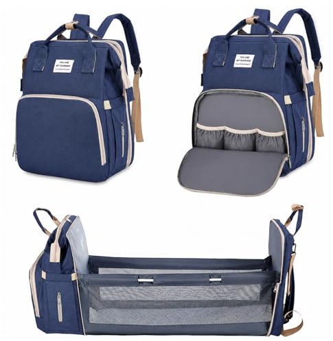 Bibykivn Sac à Dos à Langer pour Bébé,Sac de Voyage avec Lit de Bébé Portable,Grande Capacité Sac à Couches Multifonction Imperméable,2 Sangles de Poussette,pour Biberon Sac à Dos (Bleu marine)