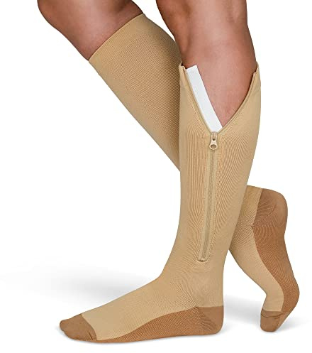 TheraMagic Kompressionsstrümpfe mit Reißverschluss für Damen und Herren, 20–30 mmHg, geschlossene Zehenpartie, abgestufter Kompressionsstrumpf mit Reißverschluss, Beige/Kupfer, XXXXL