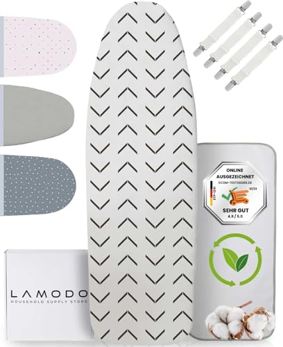 lamodo® - Ironing Board Cover 110 x 30 cm - Ironing Cover Made of 100% Cotton - Suitable for Steam Iron - Extra Thick Padding + Elastic Band and Tensioner, 110-115 cm x 30-35 cm