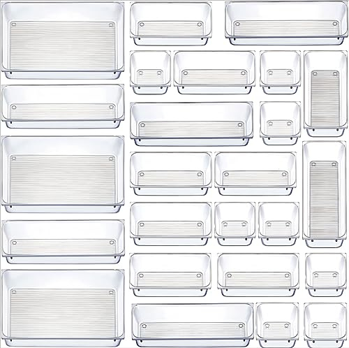 Wuudi 25 Stücke Schubladen Organizer aus klarem Kunststoff, Schreibtisch Schubladenteiler, Tabletts, Kommode Aufbewahrungsboxen Trennbox für Make-up, Schmuck und Gadgets, Schlafzimmer, Bad, Büro
