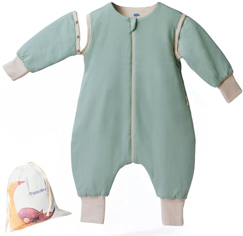 Mababu Året runt babysovsäck med fötter och avtagbara ärmar – 100 % GOTS ekologisk bomull – året runt barnsovsäck med fötter – vikbara manschetter, Havsgrön, 70 cm