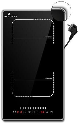 DELITEER Plaque Induction 2 Feux, 3500W, Plaque Cuisson avec Prise, Cadre en Bord Inox, Plaque électrique Deux Encastrable 29cm, 9 Niveaux, Zone Flexible pour le Gril, Verrouillage de Sécurité