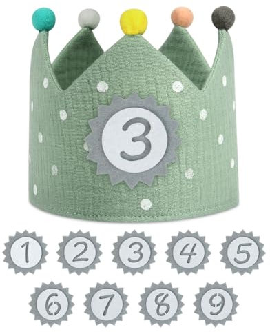 URAQT Cappellini Compleanno Bambini, Corona Compleanno Bambino con Numeri Intercambiabili da 0 a 9, Tessuto Cappello da Festa di Compleanno per Bambini Festa di Compleanno(Verde Chiaro)