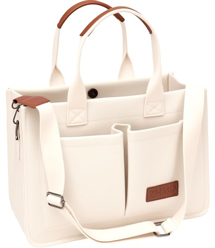 ZHMO Stor tygväska i kanvas för kvinnor med fickor, bärbar dator crossbody plånböcker allt vardagsväska handväskor för arbete strand gym, Canvs elegant vit, L