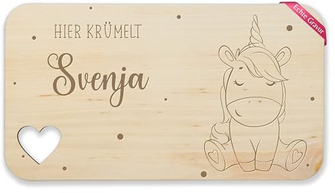 Frühstücksbrettchen Holz Herz - Einhörner - Hier krümelt mit Name I Einhorn Geschenke Mädchen - 22,5x12,5 - Holz - personalisiertes brettchen holzbrettchen kinder unicorn frühstücksbrett für