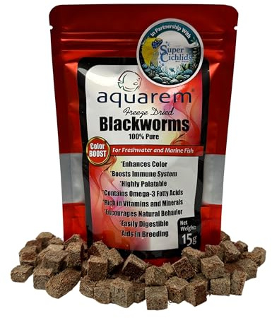 Super Cichlids Freeze Dried Blackworms with Color Boost - Great for Tropical & Marine Aquariums - High Protein, No Preservatives - Live Blackworms Replacement (15 Grams)
