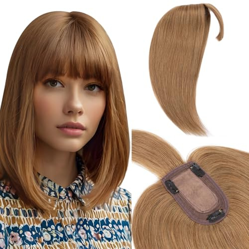 Elailite Hair Topper Echthaar, Toupet Damen mit langem Pony, Clip in Haarteil, Haartopper Basis 7x13cm, 45cm #6 Hellbraun