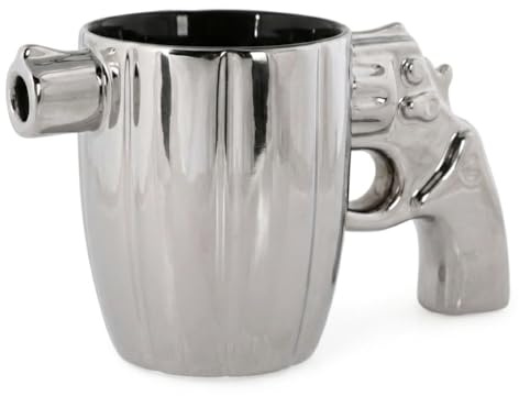 MIJOMA silberfarbener Kaffeebecher mit Revolvergriff aus Steingut – glänzender Statement-Becher 375 ml