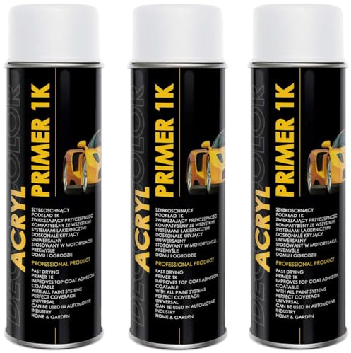 Deco Color 3 STÜCK ACRYL CAR LINE Grundierung WEISS 500ml - Haftgrund für z.B. Alufelgen, KFZ, Holz, Beton (3 Dosen 500ml Grundierung Weiss)
