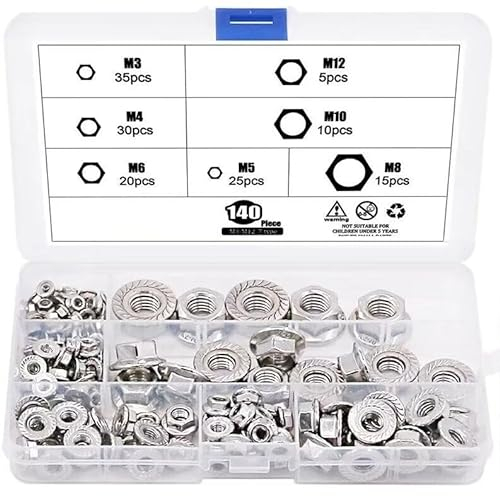140 Stück/Set M3 bis M12 Flanschmutter Hutmutter Nylonmutter Sortiment Kit 304 Edelstahl DIN6923 Mutter DIN985 Nylonmutter Befestigungsset