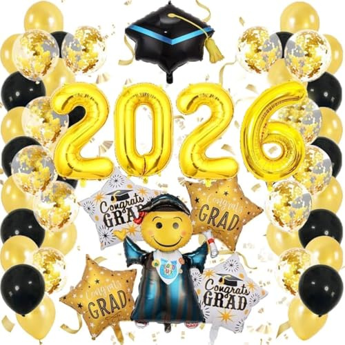 55 Pcs Ballons Décoratifs de Fête de remise des diplômes 2025 XXL, Ballon Noir Et Or En Latex Graduation Décorations De Remise De Diplôme 2025 Bannière,Abi Chapeau De Diplome 2025 Ballons Aluminium