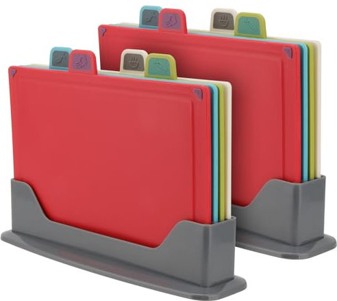 UNGFEI 8 PCS 335 x 225mm 4 Colour Coded Chopping Boards, Non Slip Plastic Cutting Board Set with Stand for Kitchen